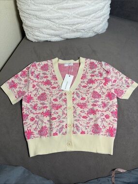 Anniewear Floral Knit Short-Sleeve Camisole Cardigan - Pink/Cream